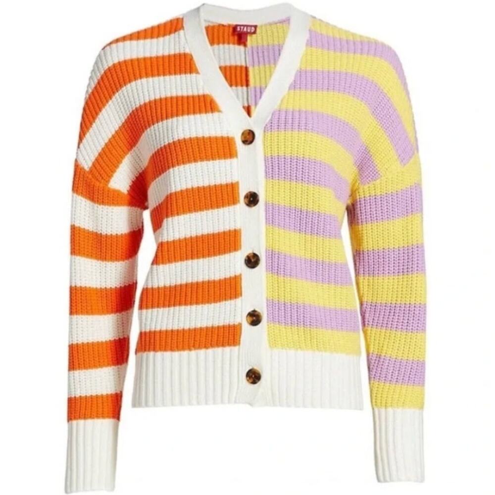 STAUD Essex Cardigan Cabana Stripe Orange Yellow Cream Purple Multi Large V-neck - Picture 9 of 16